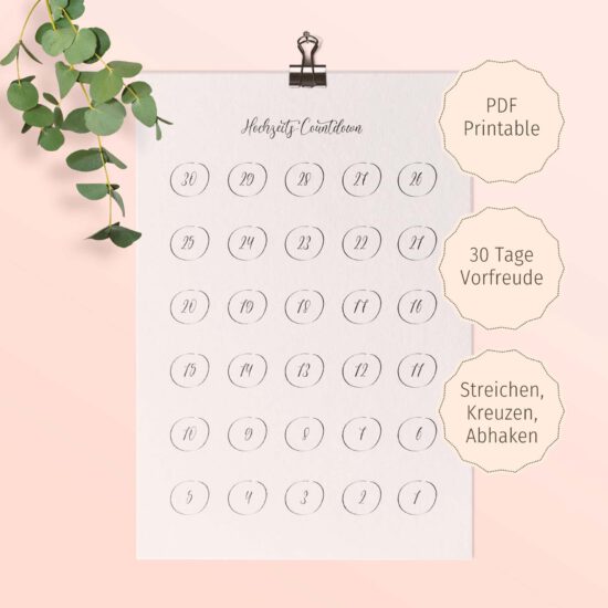 Wedding Countdown Kalender, 30 Tage zum Ankreuzen und Vorfreuen
